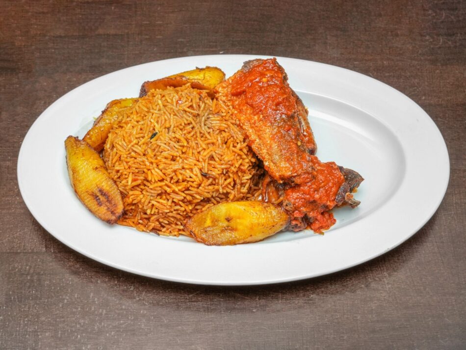 Jollof Rice with Fried Plantain and Fish